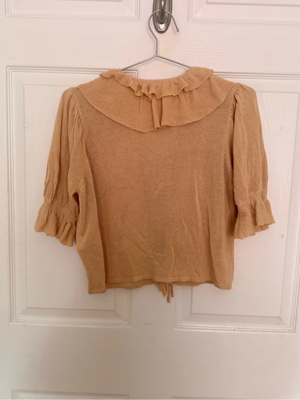 Zara Peach Ruffled Knit Tie Front Top Puff Sleeve Size Small Cottagecore